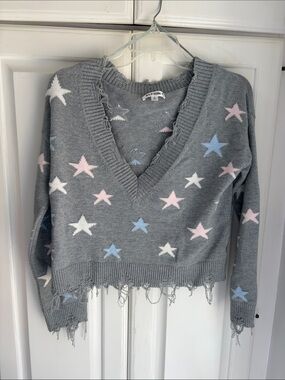 Wild Honey Gray V-Neck Star Sweater with Pink, White & Light Blue Stars